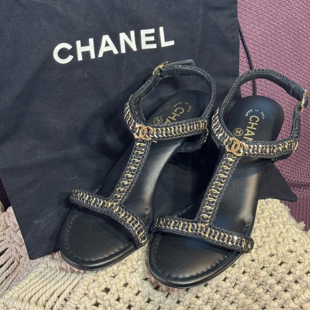 Chanel Black Lambskin Chain Braided Sandals